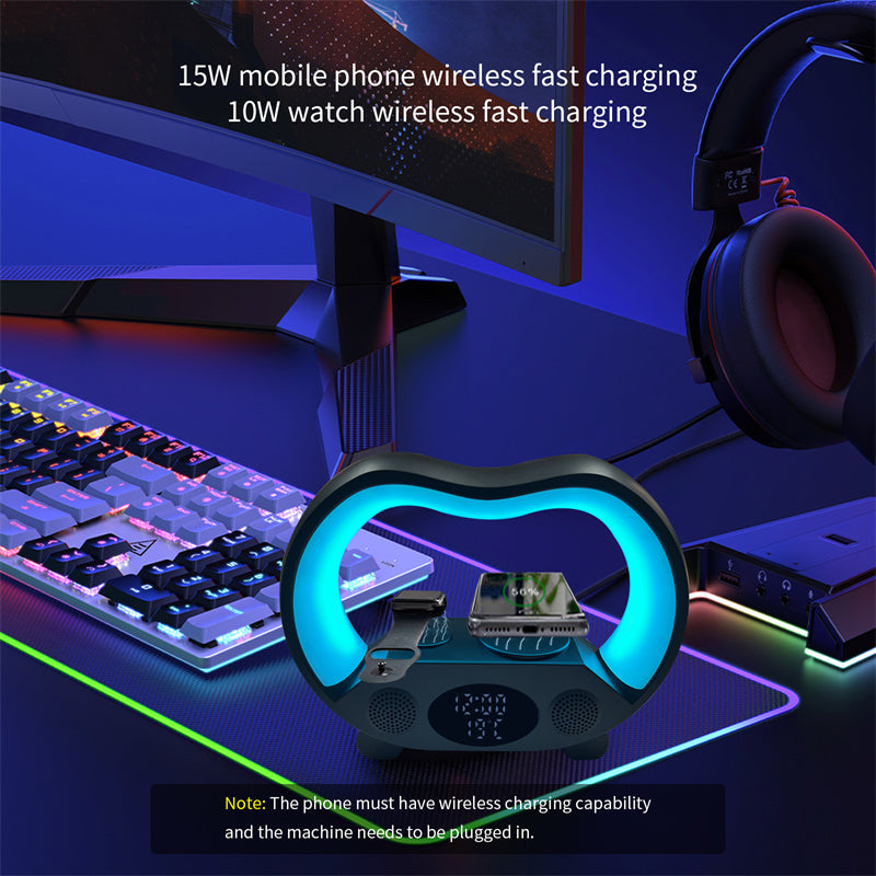 Nouvelle télécommande intelligente 6 en 1 Ambiance compatible Bluetooth Lampe de table LED intelligente Chargeur sans fil multifonction Veilleuse Haut-parleur compatible Bluetooth