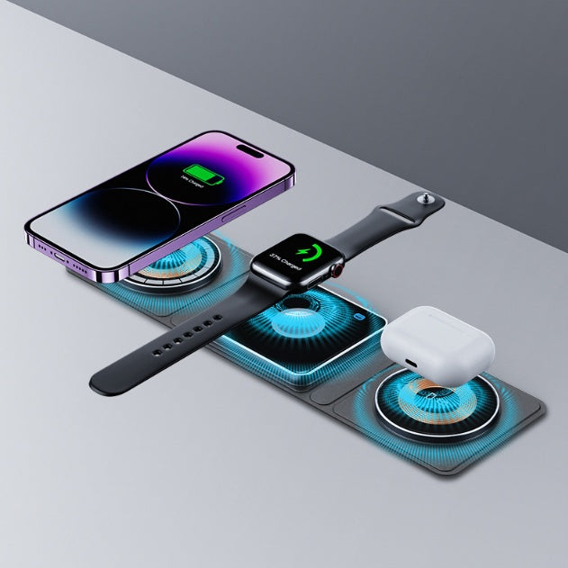 3-in-1 Magnetic Folding Wireless Charging Station for iPhone, Transparent Fast Charging for Apple Watch and AirPods