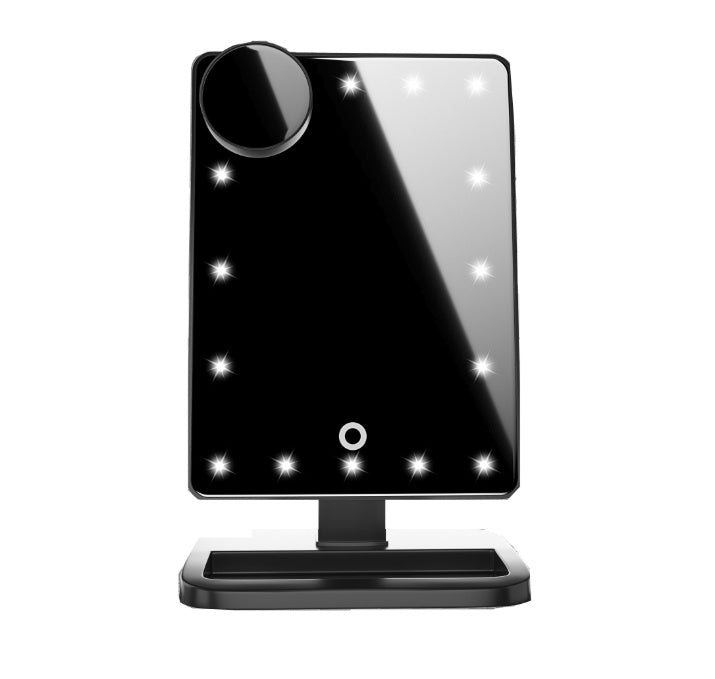 Touchscreen makeup mirror with 20 LED lights, Bluetooth music speaker, 10X magnifying mirrors, and lights.