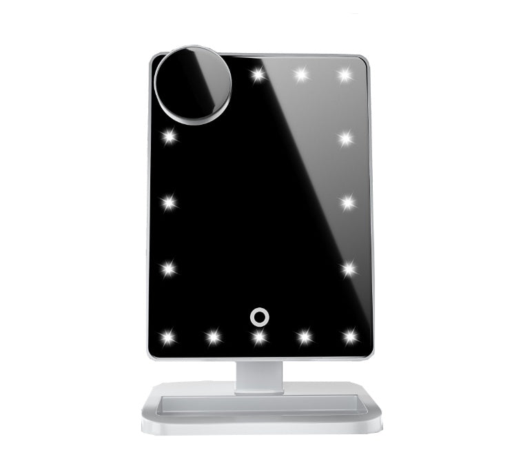 Touchscreen makeup mirror with 20 LED lights, Bluetooth music speaker, 10X magnifying mirrors, and lights.