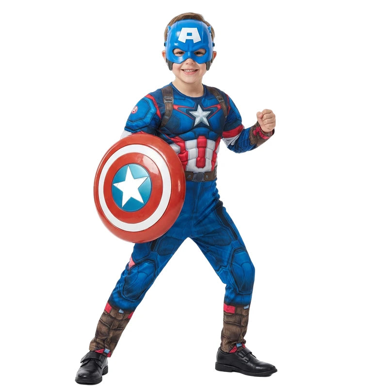 Boys' &amp; Girls' Captain America Costume Superhero Cosplay Jumpsuit School Performance Outfit with Mask and Shield Toy Gift 