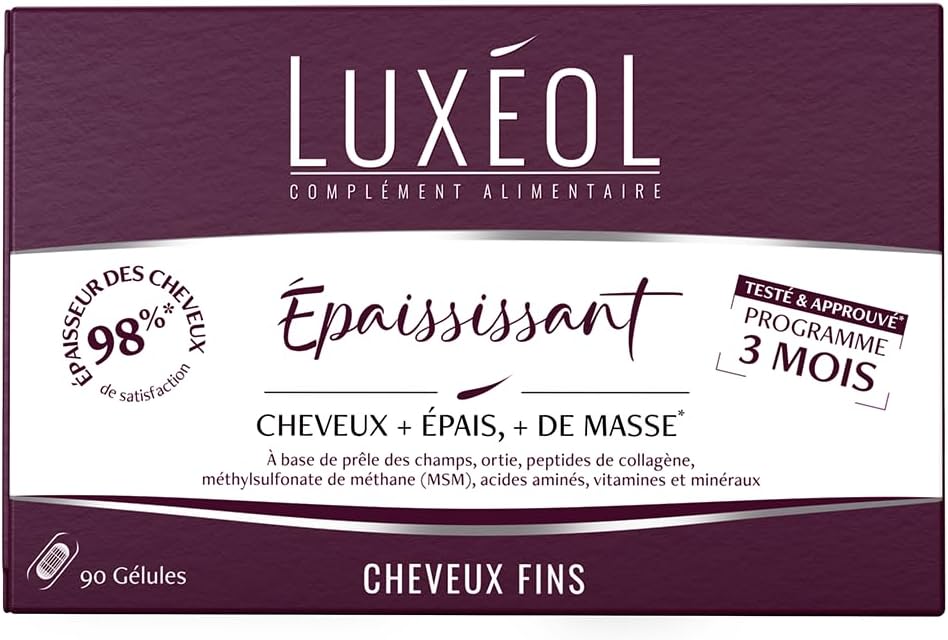 LUXEOL Thickening Food Supplement - Hair + Thick* - Herbal Peptides, Collagen Peptides, MSM, Amino Acids, Vitamins &amp; Minerals - Made in France - 90 Capsules (= 90 Days) 