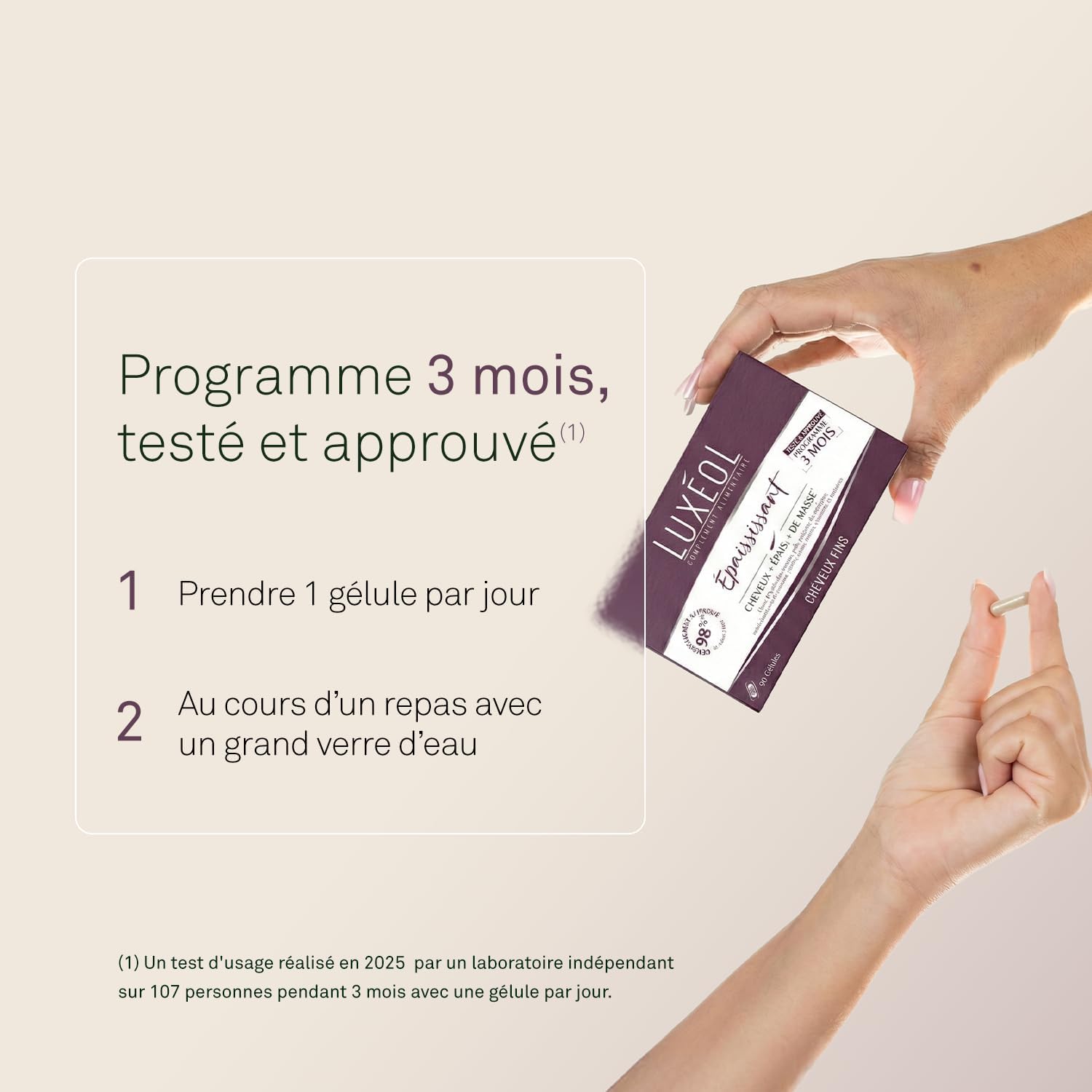 LUXEOL Thickening Food Supplement - Hair + Thick* - Herbal Peptides, Collagen Peptides, MSM, Amino Acids, Vitamins &amp; Minerals - Made in France - 90 Capsules (= 90 Days) 