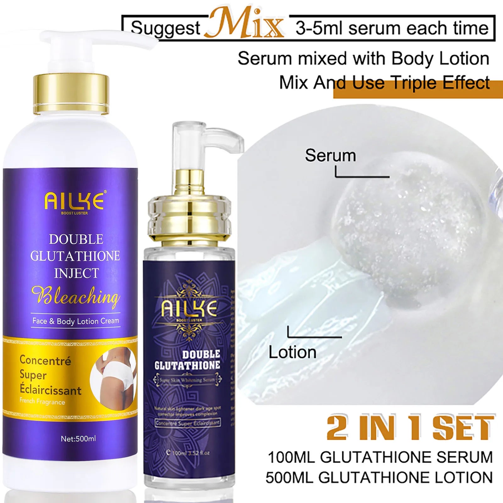 Kit de soins de la peau pour femmes AILKE Glutathione 5-en-1, avec lotion pour le corps, sérum, crème pour l’élimination des taches brunes, crème pour le corps, savon éclaircissant
