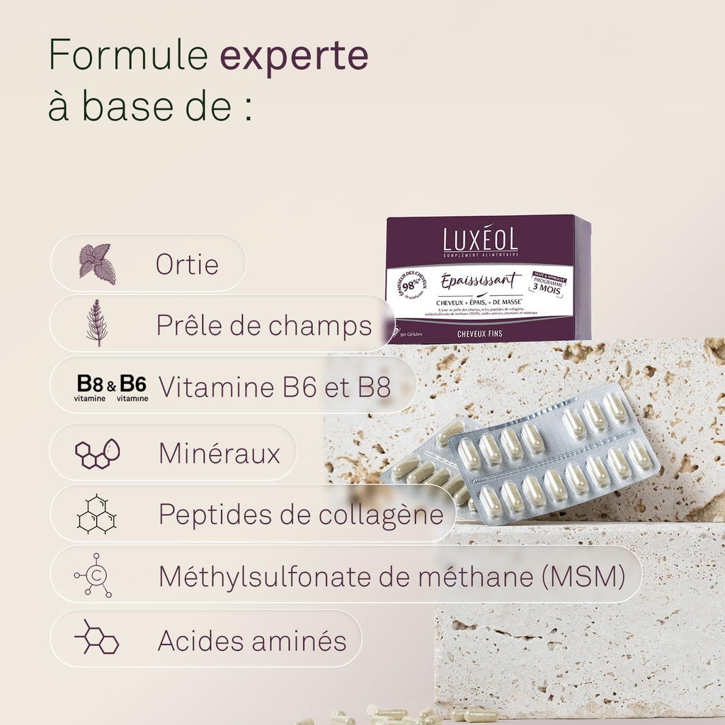 LUXEOL Thickening Food Supplement - Hair + Thick* - Herbal Peptides, Collagen Peptides, MSM, Amino Acids, Vitamins &amp; Minerals - Made in France - 90 Capsules (= 90 Days) 