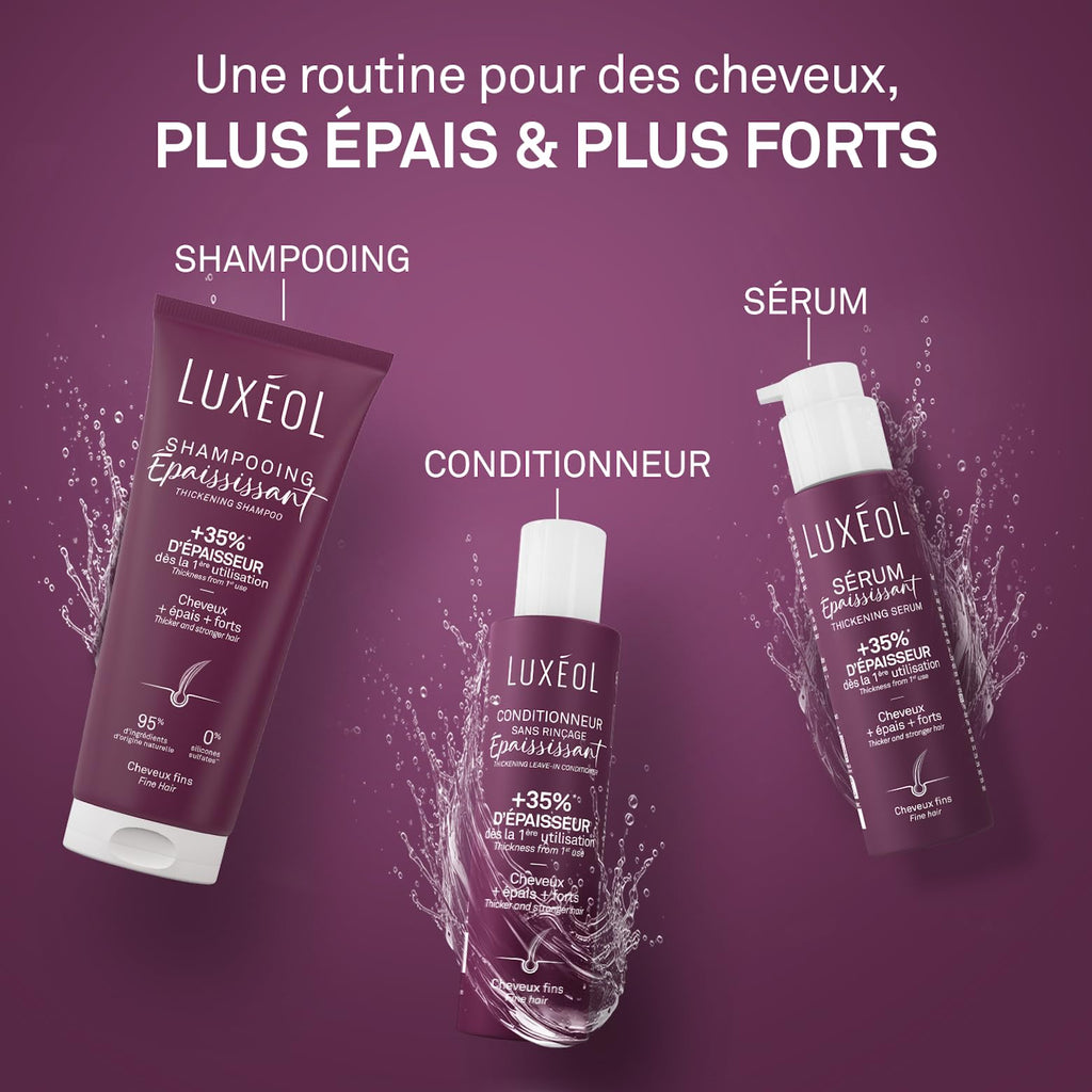 LUXÉOL - Shampooing épaississant - +35 % d’épaisseur dès la première utilisation* - Efficacité prouvée - avec des algues rouges, des protéines de riz et de l’acide hyaluronique - Sans silicone - Fabriqué en France - 200 ml