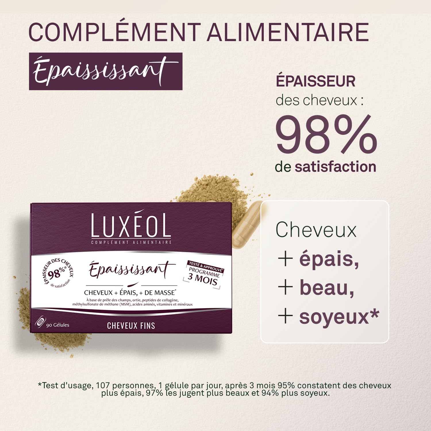 LUXEOL Thickening Food Supplement - Hair + Thick* - Herbal Peptides, Collagen Peptides, MSM, Amino Acids, Vitamins &amp; Minerals - Made in France - 90 Capsules (= 90 Days) 