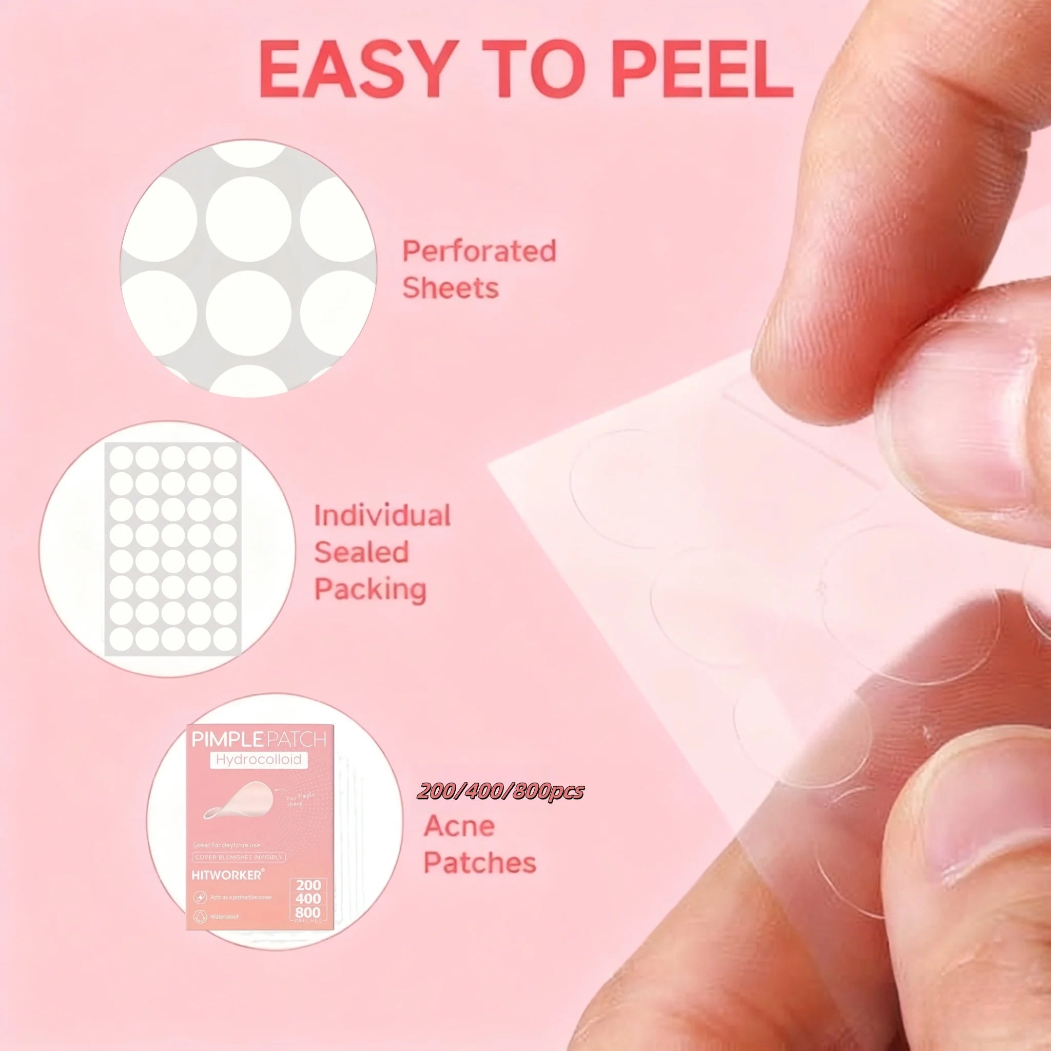 200/400/800 Pieces HITWORKER Hydrocolloid Acne Patches - Invisible, High-Quality Pimple Stickers with Salicylic Acid &amp; Tea Tree
