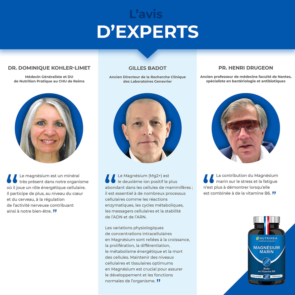 Marine Magnesium and Vitamin B6 | Patented Simag55 | Effectively Fights Fatigue | 150 mg/day | 120 Vegetable Capsules | 4 Month Cure | Made in France | Nutrimea 