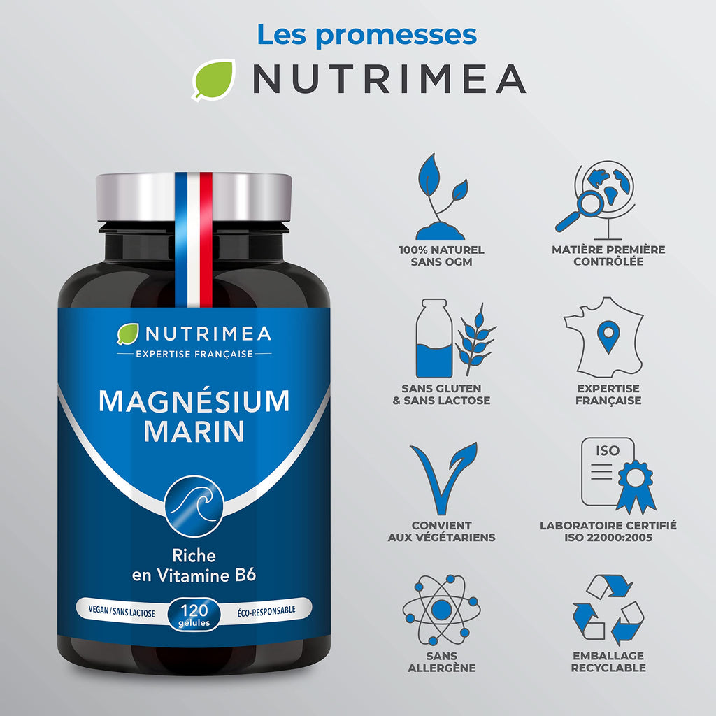 Marine Magnesium and Vitamin B6 | Patented Simag55 | Effectively Fights Fatigue | 150 mg/day | 120 Vegetable Capsules | 4 Month Cure | Made in France | Nutrimea 