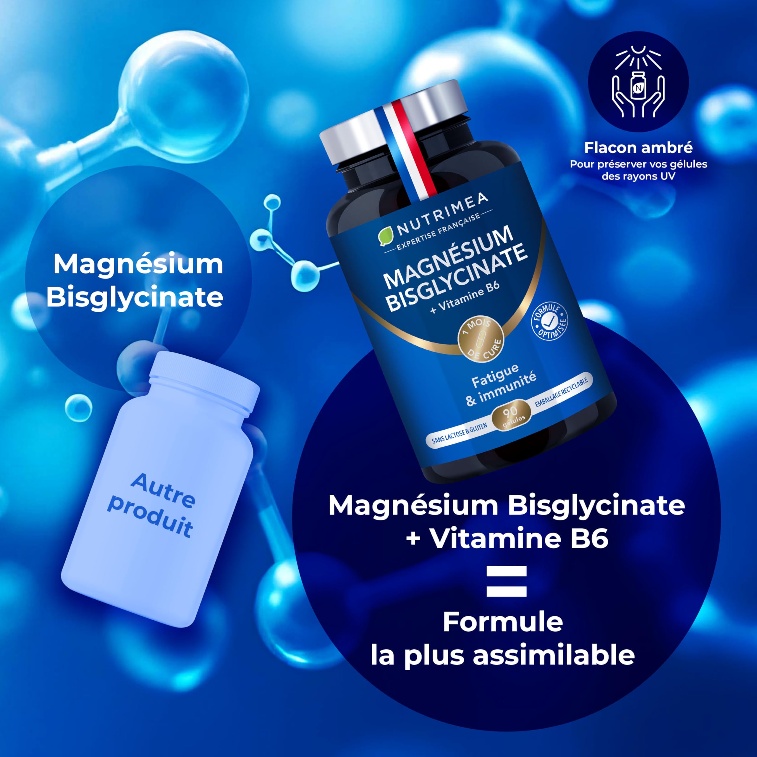 Marine Magnesium and Vitamin B6 | Patented Simag55 | Effectively Fights Fatigue | 150 mg/day | 120 Vegetable Capsules | 4 Month Cure | Made in France | Nutrimea 