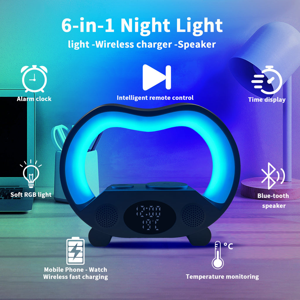 Nouvelle télécommande intelligente 6 en 1 Ambiance compatible Bluetooth Lampe de table LED intelligente Chargeur sans fil multifonction Veilleuse Haut-parleur compatible Bluetooth