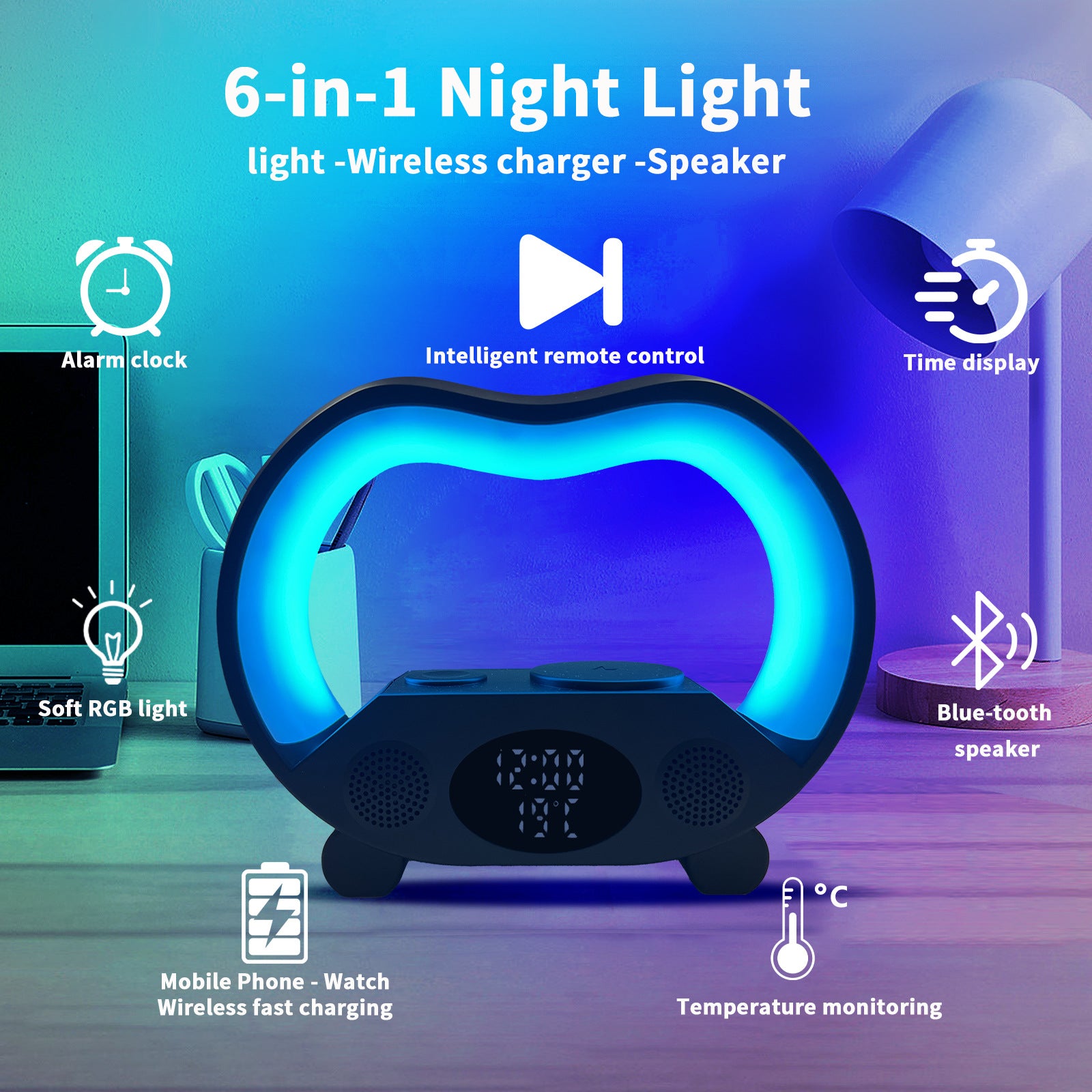 Nouvelle télécommande intelligente 6 en 1 Ambiance compatible Bluetooth Lampe de table LED intelligente Chargeur sans fil multifonction Veilleuse Haut-parleur compatible Bluetooth