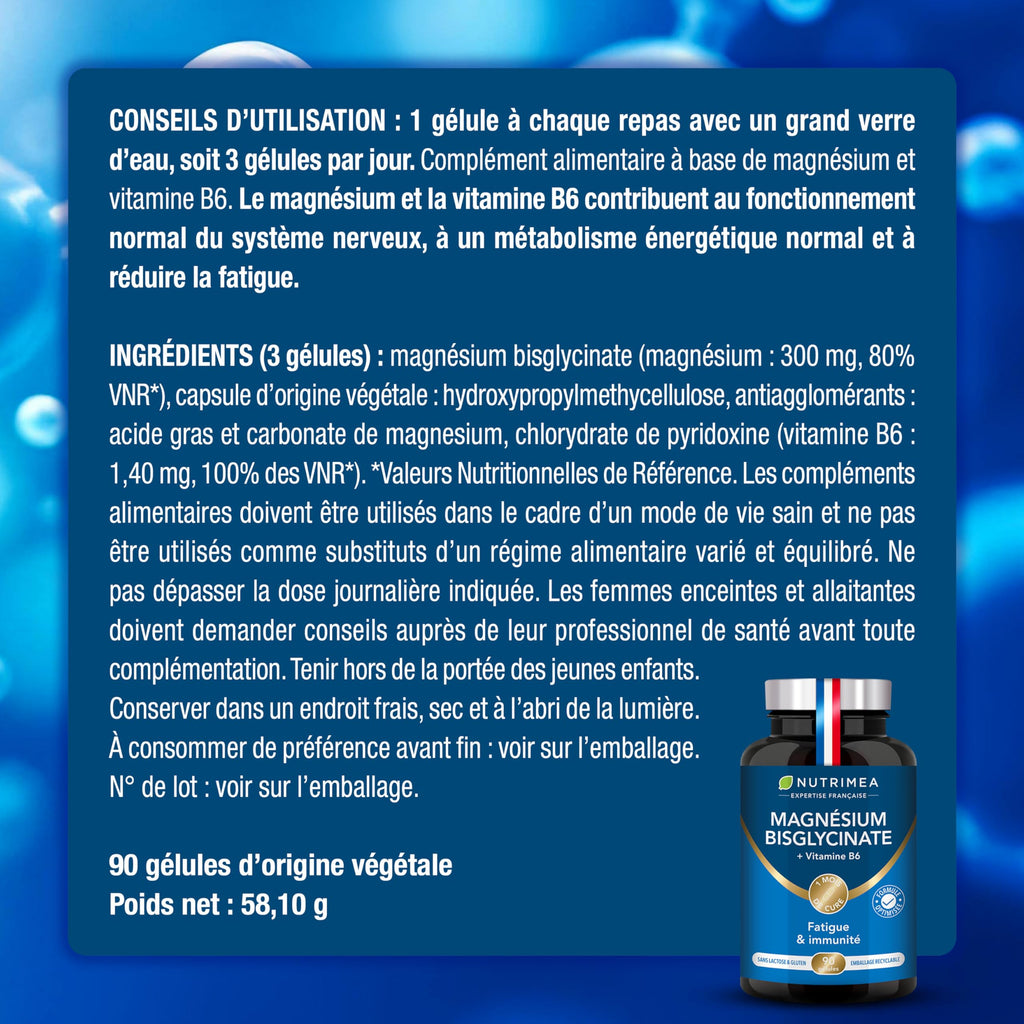 Marine Magnesium and Vitamin B6 | Patented Simag55 | Effectively Fights Fatigue | 150 mg/day | 120 Vegetable Capsules | 4 Month Cure | Made in France | Nutrimea 