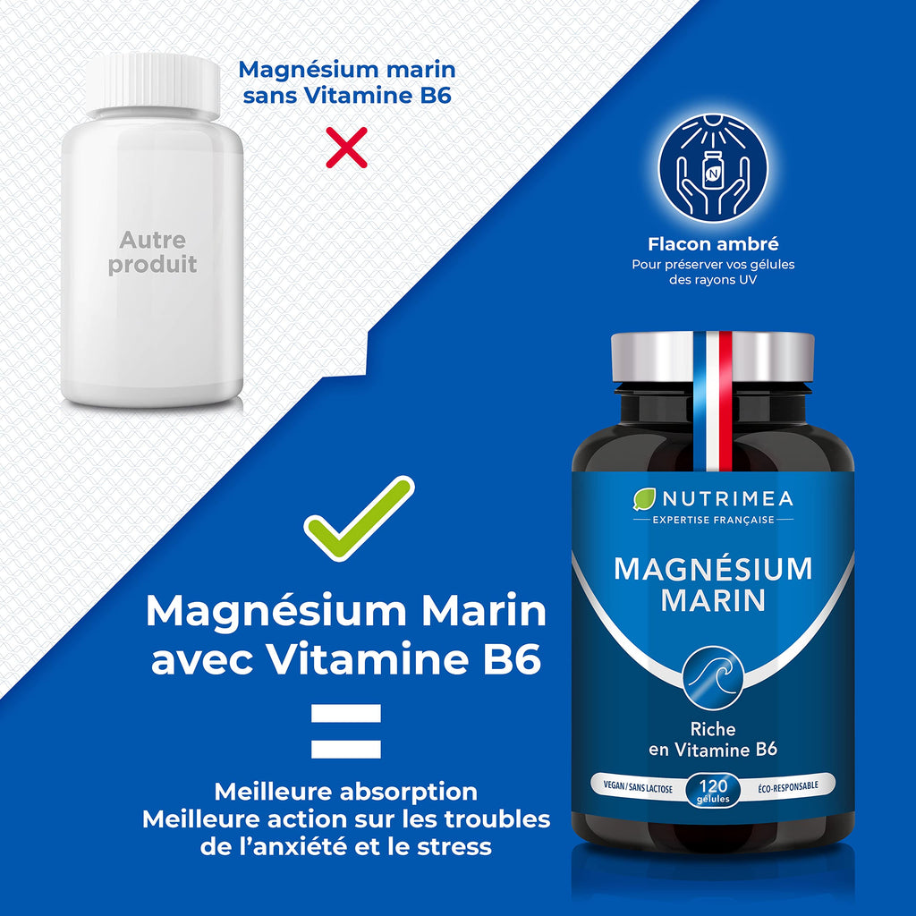 Marine Magnesium and Vitamin B6 | Patented Simag55 | Effectively Fights Fatigue | 150 mg/day | 120 Vegetable Capsules | 4 Month Cure | Made in France | Nutrimea 