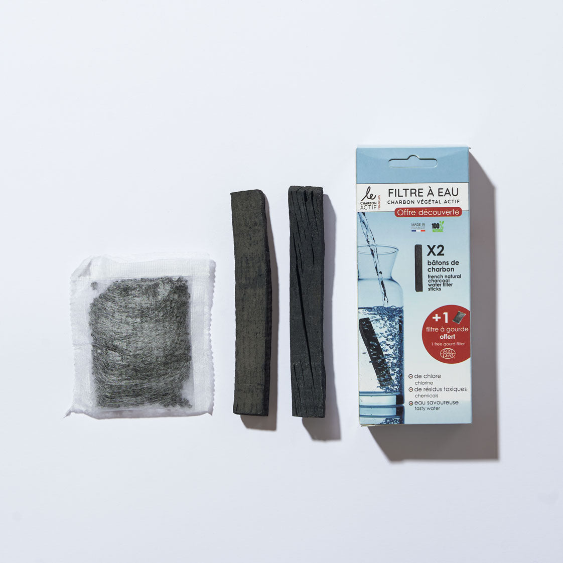 Pack découverte 2 bâtons de charbons français + 1 filtre à gourde offert