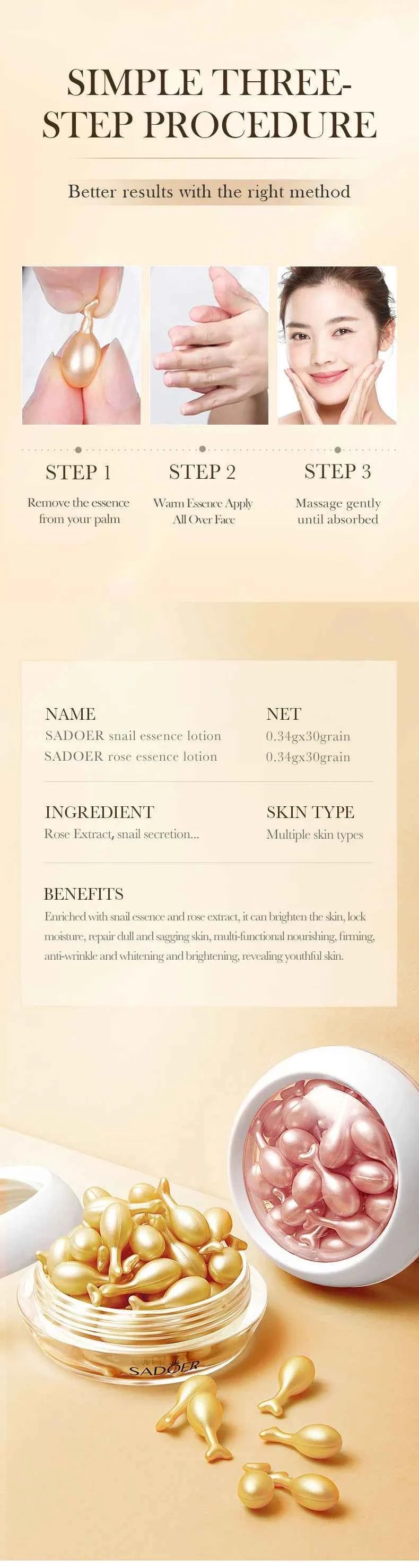 30 pièces SADOER Rose Sanil visage sérum Anti-rides hydratant éclaircissant raffermissant Essence du visage beauté visage produits de soins de la peau