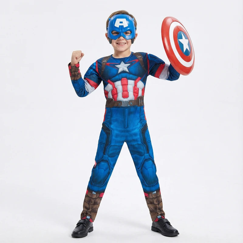 Boys' & Girls' Captain America Costume Superhero Cosplay Jumpsuit School Performance Outfit with Mask and Shield Toy Gift