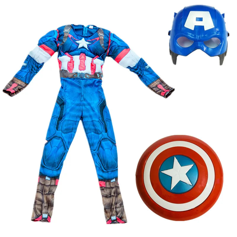Boys' &amp; Girls' Captain America Costume Superhero Cosplay Jumpsuit School Performance Outfit with Mask and Shield Toy Gift 