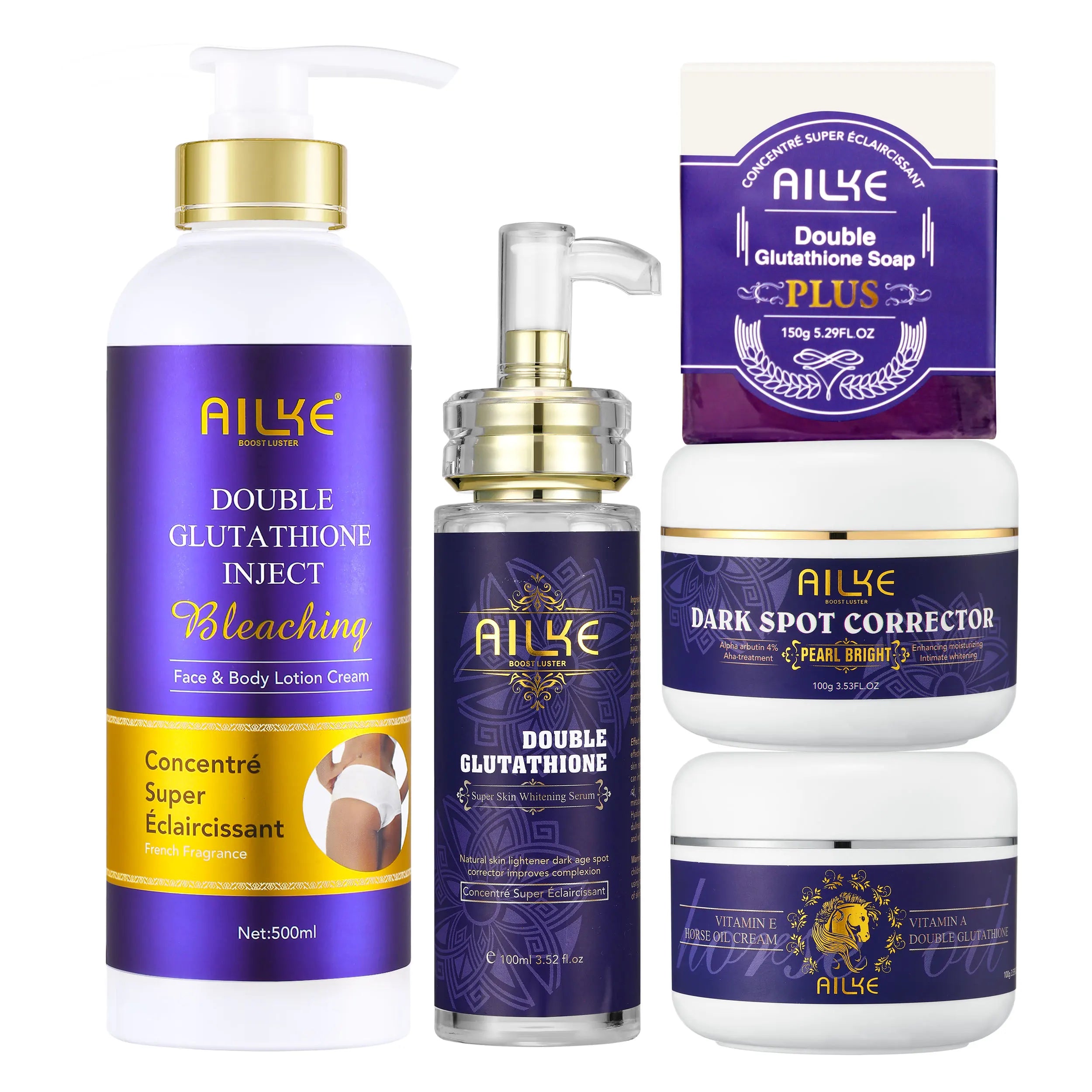 Kit de soins de la peau pour femmes AILKE Glutathione 5-en-1, avec lotion pour le corps, sérum, crème pour l’élimination des taches brunes, crème pour le corps, savon éclaircissant