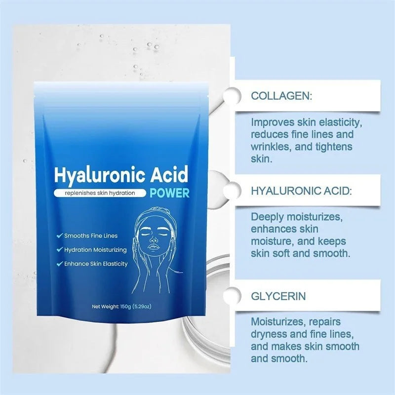 Poudre d’acide hyaluronique de qualité supérieure pour le visage Hydratation longue durée Nutrition Soutient la production de collagène Réduit les ridules Tous les S