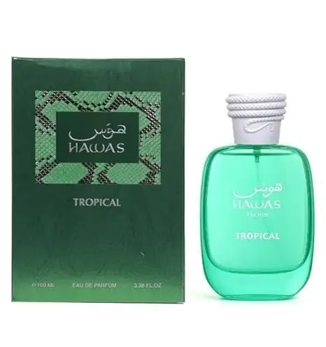 Eau de parfum tropicale Hawas | Bouteille en verre vert | 100 ml | Parfum frais à usage personnel