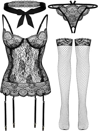 Lingerie sexy Extreme Cosplay 4 pièces dentelle Babydoll Lingerie transparente Cosplay Gravure Lingerie érotique Costume de fantaisie String String Bas Dentelle noire Masque pour les yeux Gravure