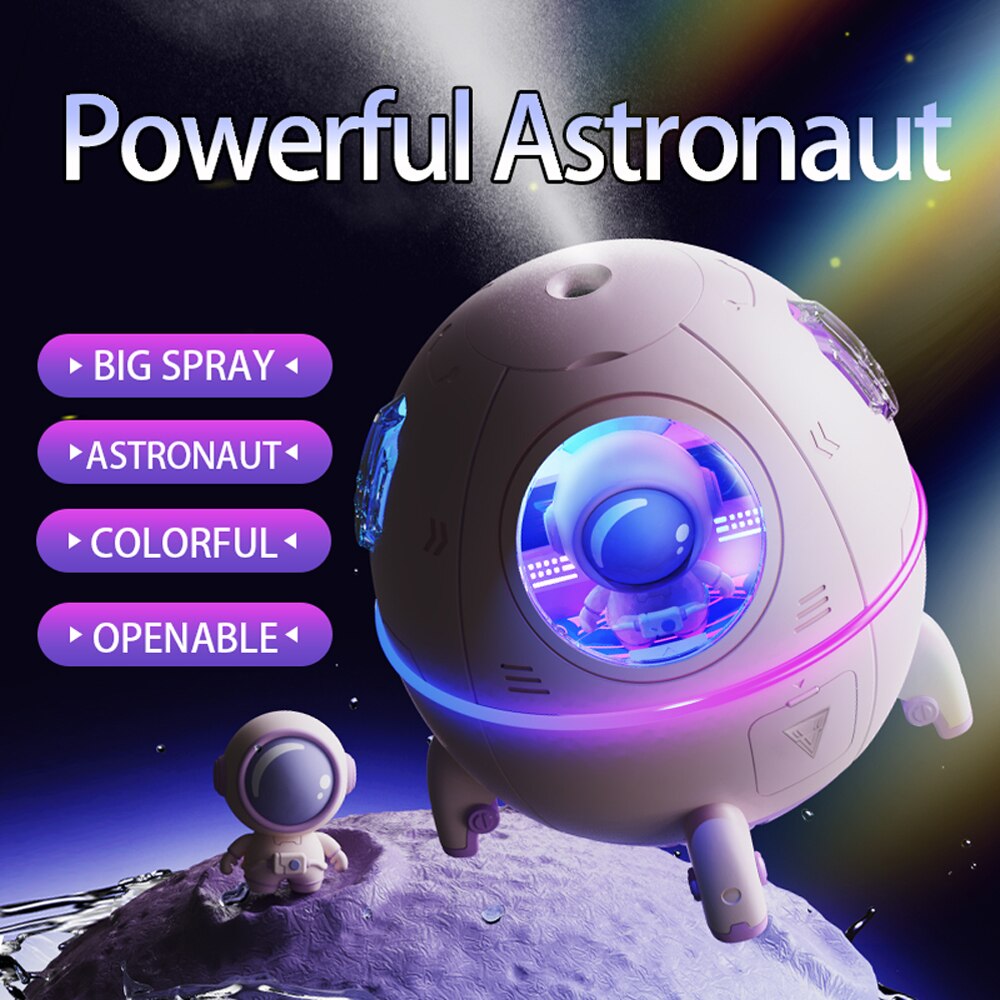Humidificateur portable Bureau USB Astronaute Humidificateur d’air spatial Diffuseur 220ML avec lumière LED colorée Cadeau de Noël