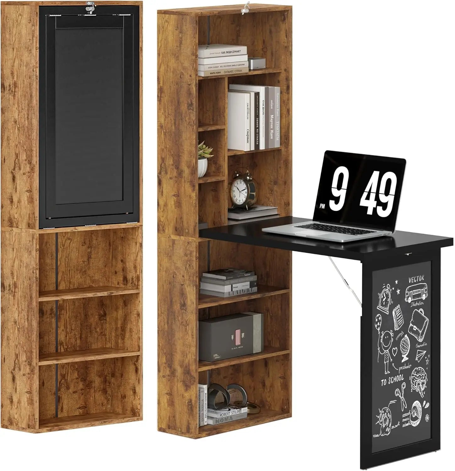 Bureau Informatique Pliable, Bureau avec bibliothèque, Poste de Travail, Tableau Noir, 9 Compartiments Ouverts et étagère ré