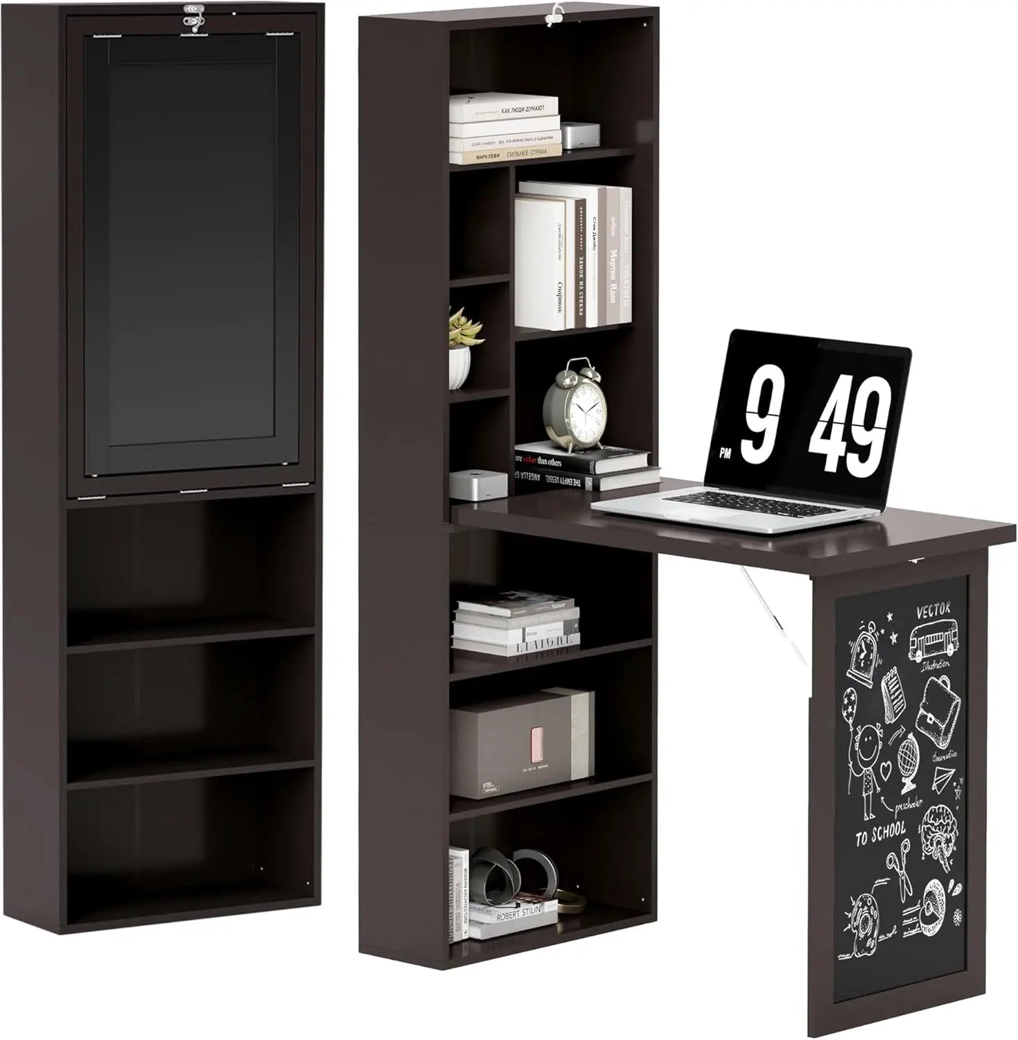 Bureau Informatique Pliable, Bureau avec bibliothèque, Poste de Travail, Tableau Noir, 9 Compartiments Ouverts et étagère ré