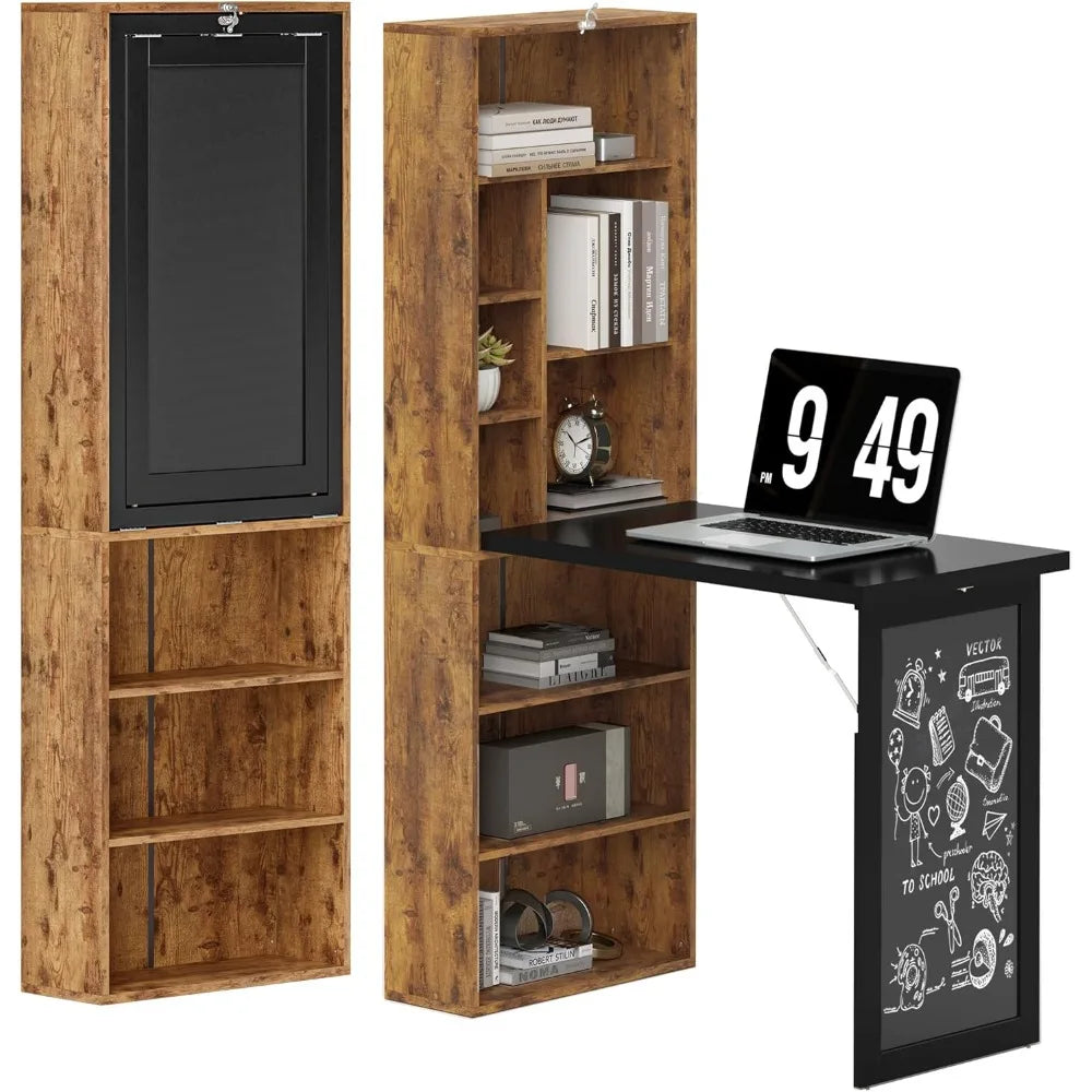 Bureau Informatique Pliable, Bureau avec bibliothèque, Poste de Travail, Tableau Noir, 9 Compartiments Ouverts et étagère ré