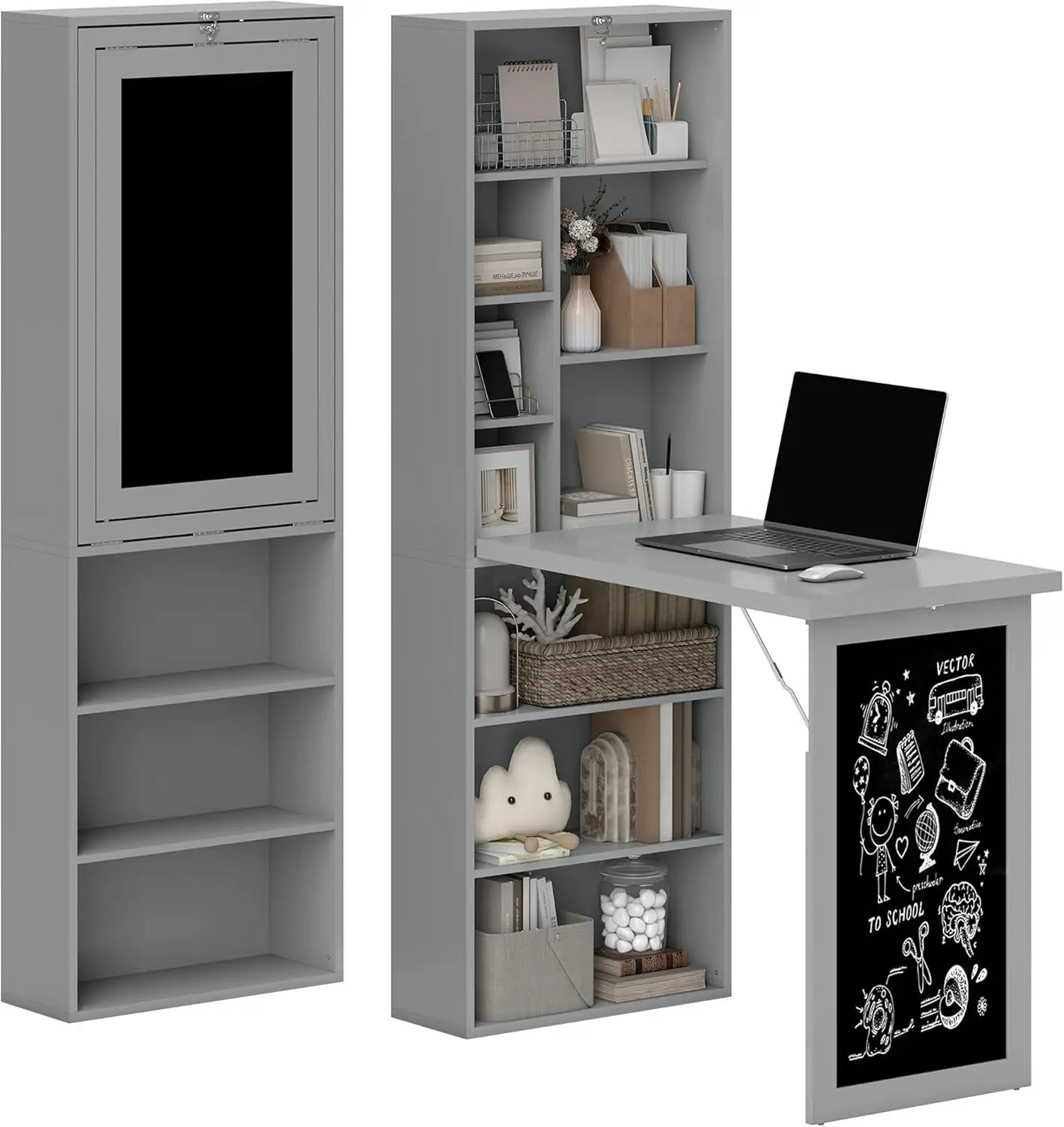 Bureau Informatique Pliable, Bureau avec bibliothèque, Poste de Travail, Tableau Noir, 9 Compartiments Ouverts et étagère ré